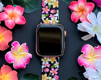 Plumeria Watch Band 38mm 40mm 41mm 42mm 44mm 45mm S/M M/L Series 1,2,3,4,5,6,7,8,9 Silicone Summer Beach Watchband Replacement