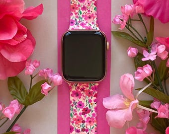 Correa de reloj de silicona con diseño de flores silvestres rosas (38 mm, 40 mm, 41 mm, 42 mm, 44 mm y 45 mm, tallas S/M y M/L, serie 1, 2, 3, 4, 5, 6, 7, 8 y 9)