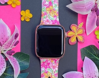 Pink Tropics Watch Band 38mm 40mm 41mm 42mm 44mm 45mm S/M M/L Series 1,2,3,4,5,6,7,8,9 Silicone Summer Beach Floral Watchband Replacement