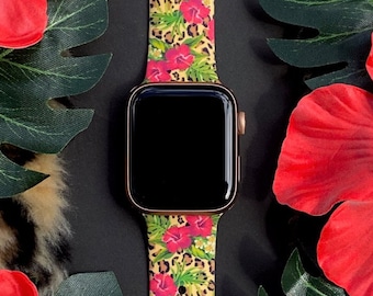 Leopard Hibiscus Watch Band 38mm 40mm 41mm 42mm 44mm 45mm S/M M/L Series 1,2,3,4,5,6,7,8,9 Silicone Tropical Cheetah Watchband Replacement