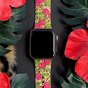 Leopard Hibiscus Watch Band 38mm 40mm 41mm 42mm 44mm 45mm S/M M/L Series 1,2,3,4,5,6,7,8,9 Silicone Tropical Cheetah Watchband Replacement