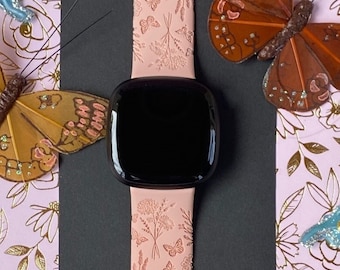 Wildflower and Butterflies Fitbit Versa 3,4/Fitbit Versa Sense S/L Silicone Engraved Floral Flower Cute Watchband Replacement