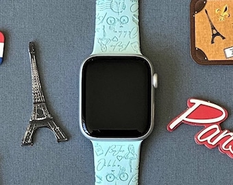 Paris Watch Band 38mm 40mm 41mm 42mm 44mm 45mm Size S/M M/L Series 1,2,3,4,5,6,7,8,9 Silicone Engraved France Travel Watchband Replacement
