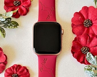 Reindeer Christmas Watch Band 38mm 40mm 41mm 42mm 44mm 45mm S/M M/L Series 1,2,3,4,5,6,7,8,9 Silicone Engraved Holiday Watchband Replacement