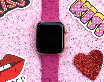 Lips Valentines Day Watch Band 38mm 40mm 41mm 42mm 44mm 45mm S/M M/L Series 1,2,3,4,5,6,7,8,9 Silicone Engraved Cute Watchband Replacement