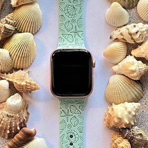 Seashells Beach Watch Band 38mm 40mm 41mm 42mm 44mm 45mm S/M M/L Series 1,2,3,4,5,6,7,8,9 Silicone Engraved Summer Watchband Replacement