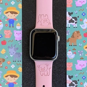 Cute Pig Watch Band 38mm 40mm 41mm 42mm 44mm 45mm S/M M/L Series 1,2,3,4,5,6,7 Silicone Engraved Farm Animal Watchband Replacement