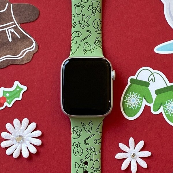 Christmas Cheer Watch Band 38mm 40mm 41mm 42mm 44mm 45mm S/M M/L Series 1,2,3,4,5,6,7,8,9 Silicone Engraved Holiday Watchband Replacement