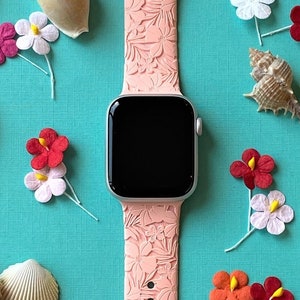 Coral Peach Hibiscus Watch Band 38mm 40mm 41mm 42mm 44mm 45mm S/M M/L Series 1,2,3,4,5,6,7  Silicone Engraved Tropical Watchband Replacement