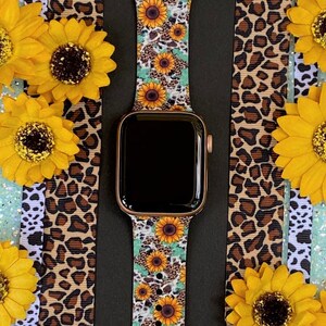 Western Sunflower Watch Band 38mm 40mm 41mm 42mm 44mm 45mm S/M M/L Series 1,2,3,4,5,6,7,8,9 Silicone Cow Leopard Watchband Replacement
