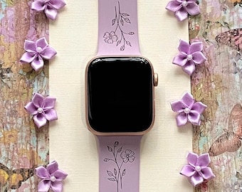 Spring Flower Watch Band 38mm 40mm 41mm 42mm 44mm 45mm S/M M/L Series 1,2,3,4,5,6,7,8,9 Silicone Engraved Summer Cute Watchband Replacement