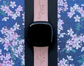 Wildflower Fitbit Versa 3,4/Fitbit Versa Sense S/L Silicone Engraved Floral Flower Cute Watchband Replacement