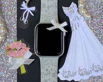 Bride Watch Band 38mm 40mm 41mm 42mm 44mm 45mm S/M M/L Series 1,2,3,4,5,6,7,8,9 Silicone Engraved Cute Wedding Bridal Watchband Replacement