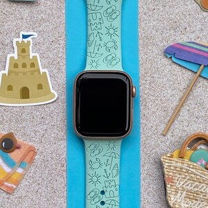 Beach Watch Band 38mm 40mm 41mm 42mm 44mm 45mm S/M M/L Series 1,2,3,4,5,6,7,8,9 Silicone Engraved Summer Cute Watchband Replacement