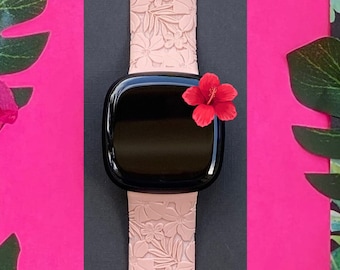 Hibiscus Fitbit Versa 3,4/Fitbit Versa Sense S/L Silicone Engraved Floral Flower Summer Cute Watchband Replacement