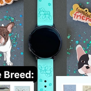May include: A teal smartwatch band with dog paw prints and dog illustrations. The image also shows a black smartwatch face, dog breed options, and decorative dog-themed elements like a bone and the words "Dog Gone Cute."