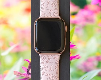 Spring Watch Band 38mm 40mm 41mm 42mm 44mm 45mm S/M M/L Series 1,2,3,4,5,6,7,8,9 Silicone Engraved Wildflower Watchband Replacement