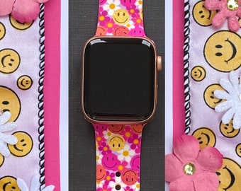 Smiley Floral Watch Band 38mm 40mm 41mm 42mm 44mm 45mm S/M M/L Series 1,2,3,4,5,6,7,8,9 Silicone Retro Flower Smile Watchband Replacement