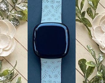 Spring Flower and Leaves Fitbit Versa 3,4/Fitbit Versa Sense S/L Silicone Engraved Cute Floral Watchband Replacement