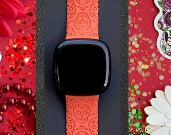Correa de repuesto de silicona con calaveras de azúcar para Fitbit Versa 3, 4/Fitbit Versa Sense S/L, grabada, de Halloween y terrorífica.