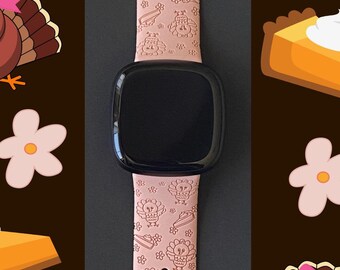 Thanksgiving Turkey Floral Fitbit Versa 3,4/Fitbit Versa Sense S/L Silicone Engraved Fall Autumn Watchband Replacement
