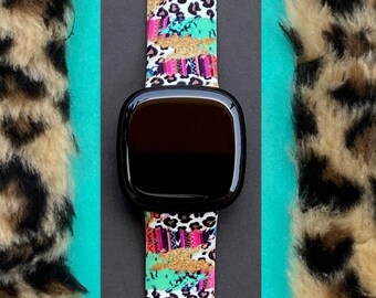 Leopard Serape Fitbit Versa 3,4/Fitbit Versa Sense S/L Silicone Cute Animal Print Western Watchband Replacement