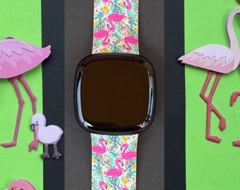Flamingo Fitbit Versa 3,4/Fitbit Versa Sense S/L Silicone Cute Summer Beach Tropical Pink Watchband Replacement