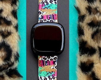 Leopard Serape Fitbit Versa 1/Versa 2/Versa Lite S/L Silicone Engraved Cute Leopard Print Western Watchband Replacement