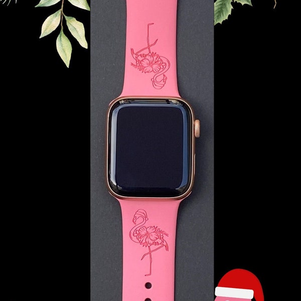 Christmas Flamingo Watch Band 38mm 40mm 41mm 42mm 44mm 45mm S/M M/L Series 1,2,3,4,5,6,7,8 Silicone Engraved Winter Watchband Replacement