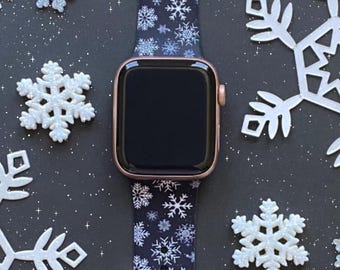 Snowflake Black Watch Band 38mm 40mm 41mm 42mm 44mm 45mm S/M M/L Series 1,2,3,4,5,6,7,8,9 Silicone Christmas Winter Watchband Replacement