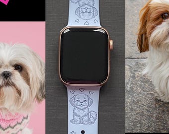Happy Shih Tzu Dog Watch Band Silicone Engraved Band 38mm 40mm 41mm 42mm 44mm 45mm S/M M/L Series 1,2,3,4,5,6,7,8,9 Watchband Replacement