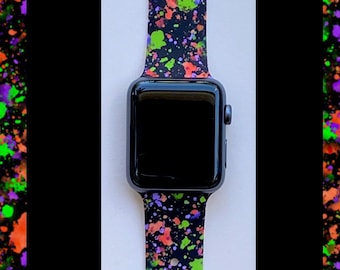 Neon Splatter Watch Band 38mm 40mm 41mm 42mm 44mm 45mm S/M M/L Series 1,2,3,4,5,6,7,8,9 Silicone Black Watchband Replacement