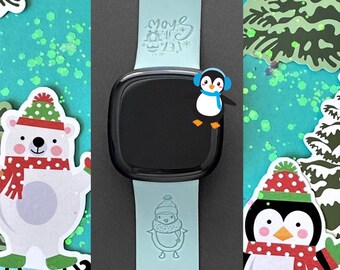 Penguin Fitbit Versa 3,4/Fitbit Versa Sense S/L Silicone Engraved Cute Winter Christmas Watchband Replacement