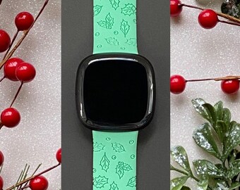 Holly Christmas Fitbit Versa 3, Fitbit Versa 4/Fitbit Versa Sense S/L Silicone Engraved Cute Winter Christmas Watchband Replacement