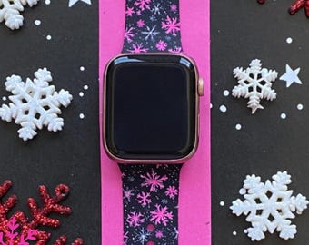 Pink Snowflake Watch Band 38mm 40mm 41mm 42mm 44mm 45mm S/M M/L Series 1,2,3,4,5,6,7,8,9 Silicone Christmas Winter Watchband Replacement