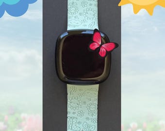 Happy Spring Fitbit Versa 3,4/Fitbit Versa Sense S/L Silicone Engraved Floral Flower Cute Watchband Replacement
