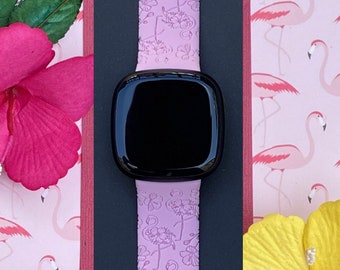 Flamingo Lover Fitbit Versa 3,4/Fitbit Versa Sense S/L Silicone Engraved Floral Summer Cute Watchband Replacement