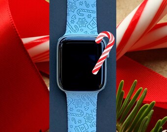 Candy Cane Christmas Watch Band 38mm 40mm 41mm 42mm 44mm 45mm S/M M/L Series 1,2,3,4,5,6,7,8,9 Silicone Engraved Watchband Replacement