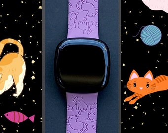 Cat Fitbit Versa 3,4/Fitbit Versa Sense S/L Silicone Engraved Cute Animal Cat Kitten Lover Watchband Replacement