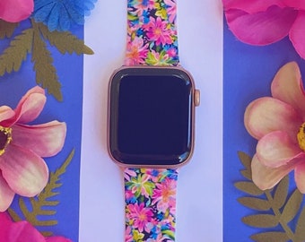 Pink Floral Watch Band 38mm 40mm 41mm 42mm 44mm 45mm S/M M/L Series 1,2,3,4,5,6,7,8,9 Silicone Spring Flower Watchband Replacement