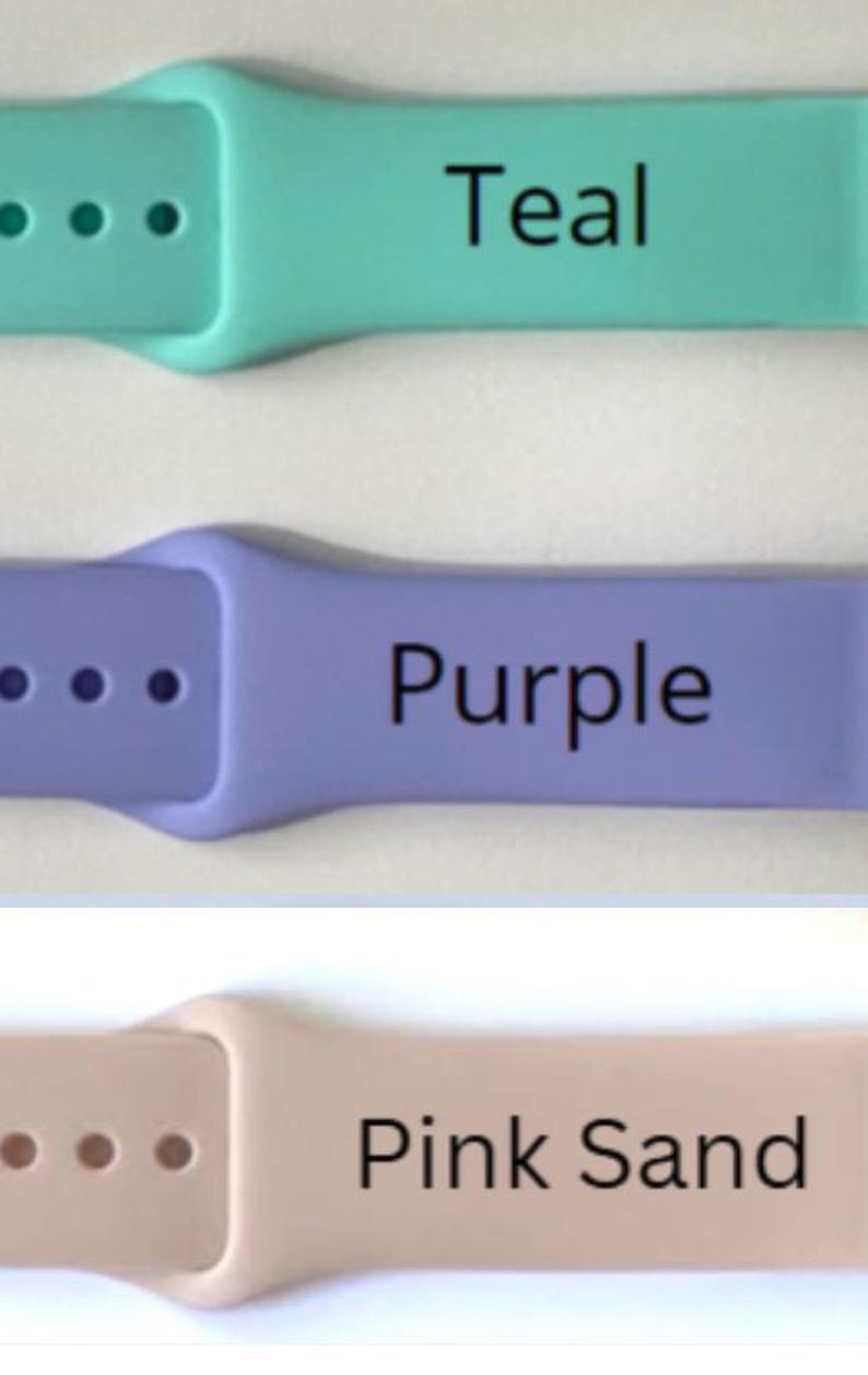 May include: Three Apple Watch bands in different colors: teal, purple, and pink sand. Each band has a row of four small holes.