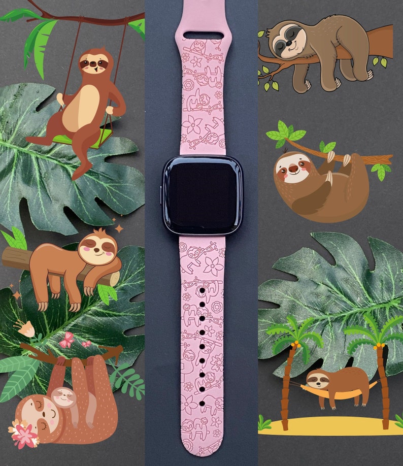 May include: A pink Apple Watch band with a sloth design. The band is made of silicone and has a black watch face. The band is surrounded by images of sloths in various poses, including sleeping, hanging from branches, and swinging on vines.