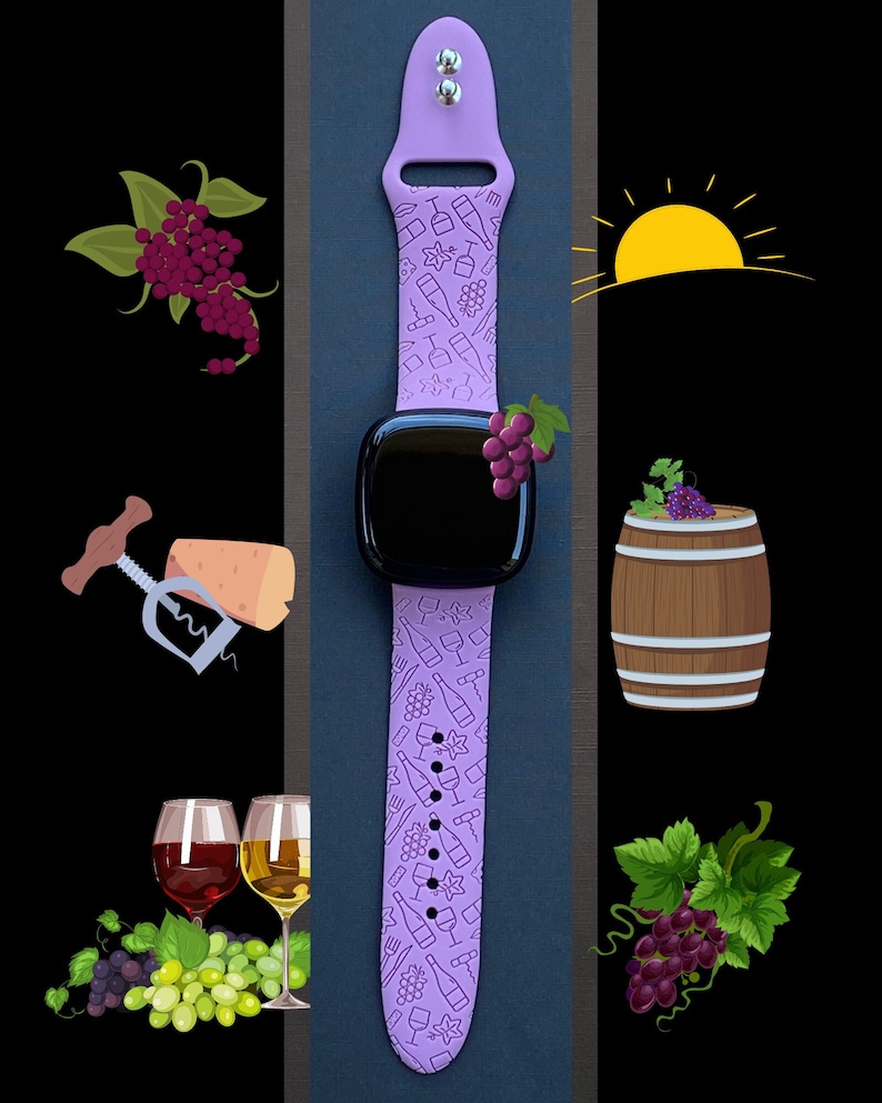 May include: A purple silicone watch band with a wine-themed design. The band features a repeating pattern of wine bottles, grapes, glasses, and corkscrews. The band is compatible with Apple Watch.