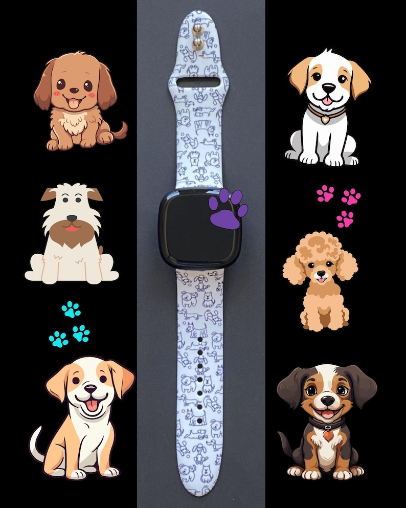 Może przedstawiać: Czarny smartwatch z jasnoniebieskim paskiem z powtarzającym się wzorem ilustracji ps&oacute;w. Tarcza zegarka ma fioletowy odcisk łapy. Obraz zawiera r&oacute;wnież ilustracje kresk&oacute;wkowe r&oacute;żnych ras ps&oacute;w i odciski łap.