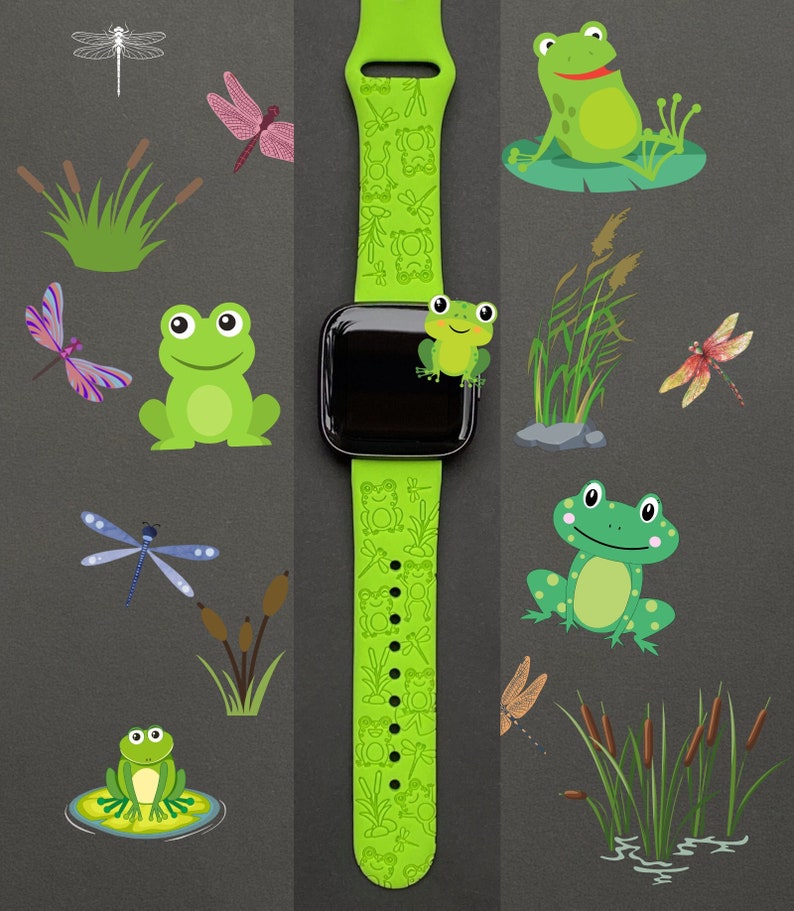 May include: A green silicone watch strap with a repeating pattern of frogs and dragonflies. The strap is designed for a smartwatch and has a black screen.