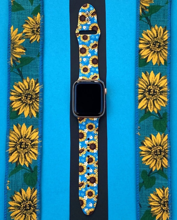 Sunflower Watch Band 38mm 40mm 41mm 42mm 44mm 45mm S/M M/L Series 1,2,3,4,5,6,7,8,9 Silicone Blue Floral Watchband Replacement
