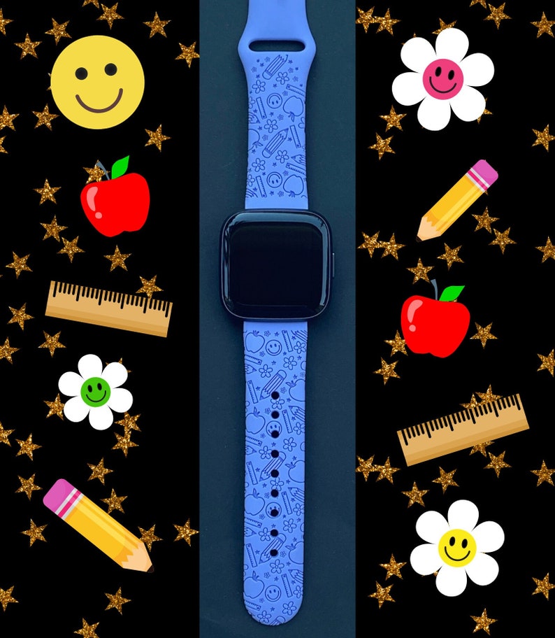 May include: A blue silicone watch band with a school-themed design. The band features a repeating pattern of pencils, apples, rulers, and smiley faces.