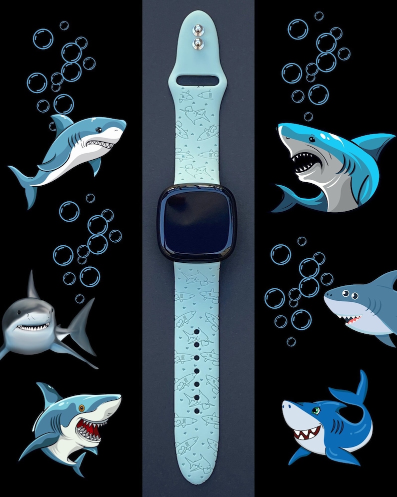 Sharks Fitbit Versa 3,4/Fitbit Versa Sense/Sense2 S/L Silicone Engraved Cute Summer Beach Watchband Replacement image 1