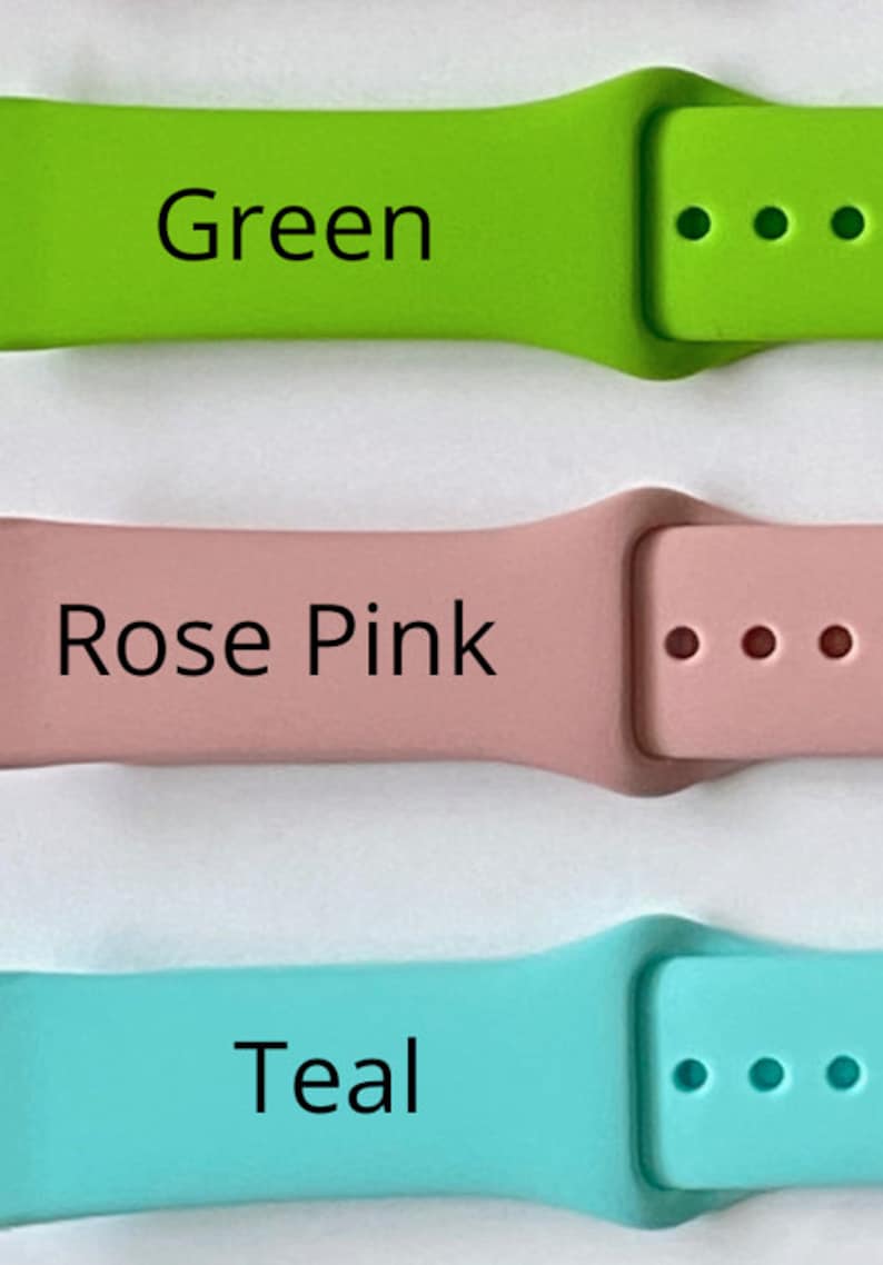May include: Three Apple Watch bands in green, rose pink, and teal. The bands are made of silicone and have a buckle closure.