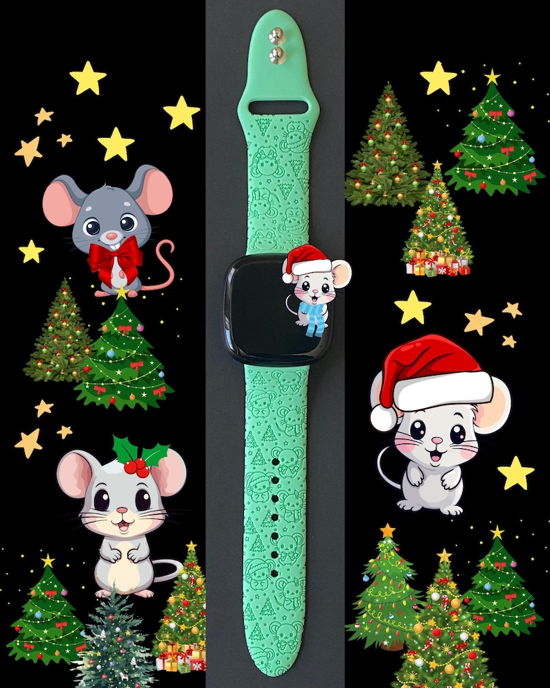 May include: A green smartwatch band with a Christmas-themed design featuring mice, Christmas trees, and stars. The band is made of silicone and has a black watch face.